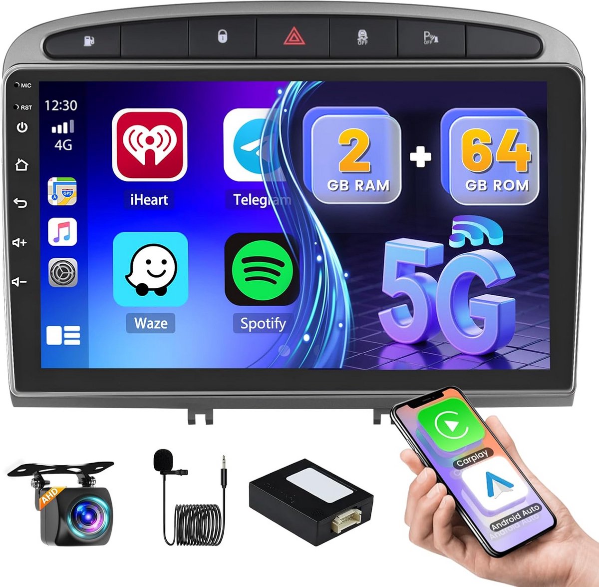 9" Autoradio met Draadloze CarPlay & Android Auto voor Peugeot 308/408 2007-2015 - 2GB RAM + 64GB, Bluetooth, Navigatie, WiFi, FM RDS, Achteruitrijcamera, SWC