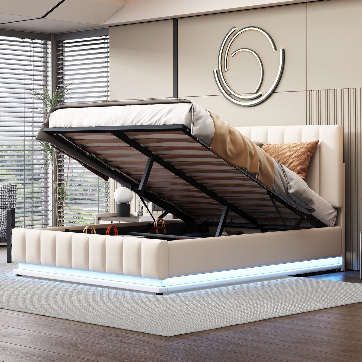 Tweepersoonsbed - 140x200 cm - Gestoffeerd Bed met Led en Berging - Hydraulisch - Kunstleer - Wit