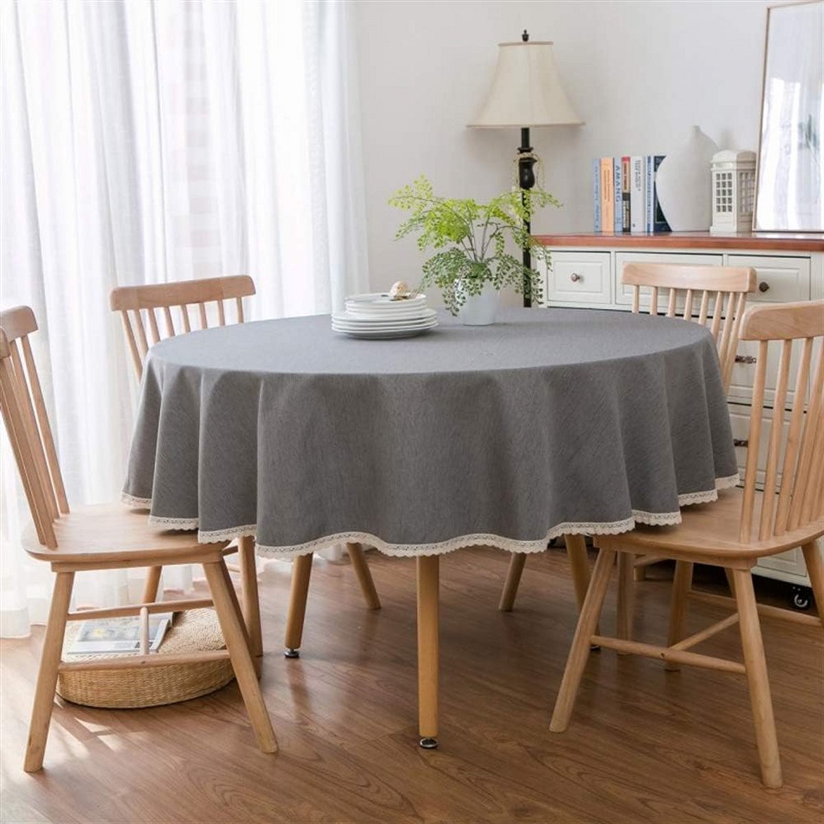 Rond Tafelkleed Lichtgrijs Katoen Linnen met Kant Rand - 180 cm Tafeldecoratie