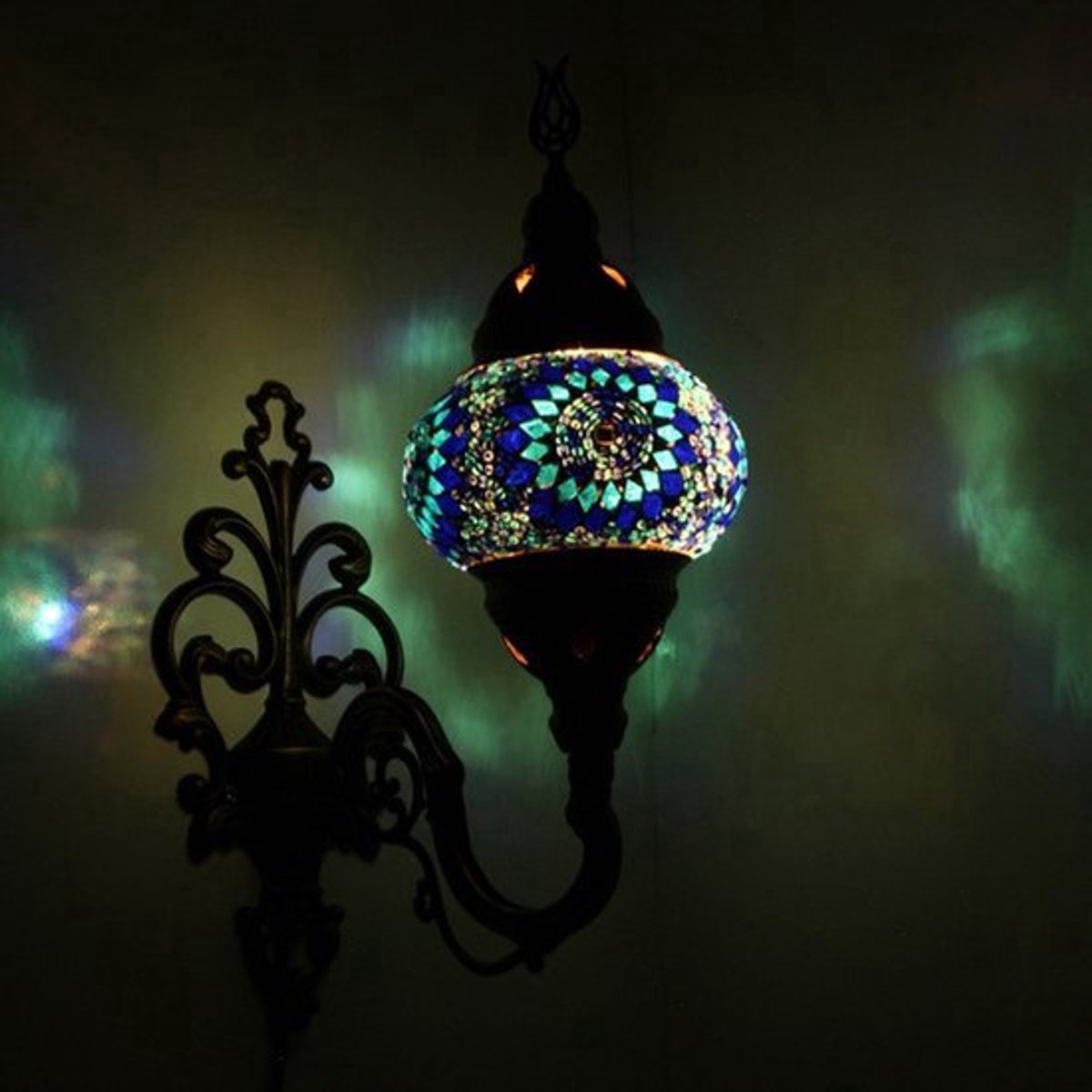 Oosterse Lamp - Wandlamp Mozaïek - Blauw Ø 15 cm - Hoogte 28 cm - Handgemaakt en Authentiek