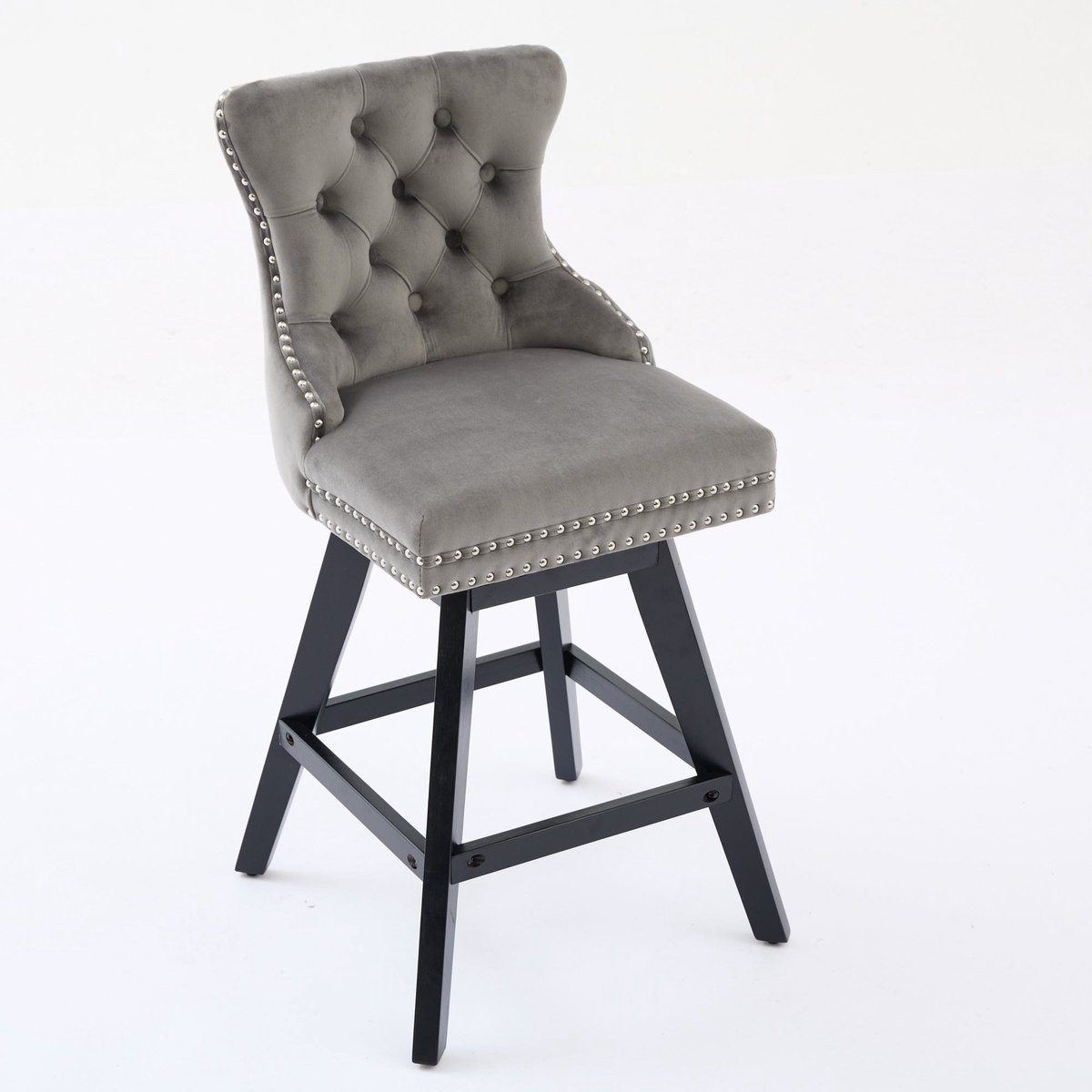Merax Draaibare Barstoelen Set Van 2 - 360° Draaibaar - Fluwelen Stof - Gecapitonneerde Rugleuning - Houten Poten (Rubberhout) - Siernagels - Franse Stijl - Grijs