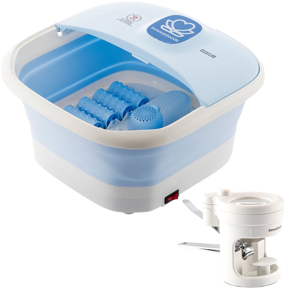 Pack Inklapbaar voetenbad met rollers en hydromassage en Nagelknipper met ledverlichting, vergrootglas en vijl InnovaGoods