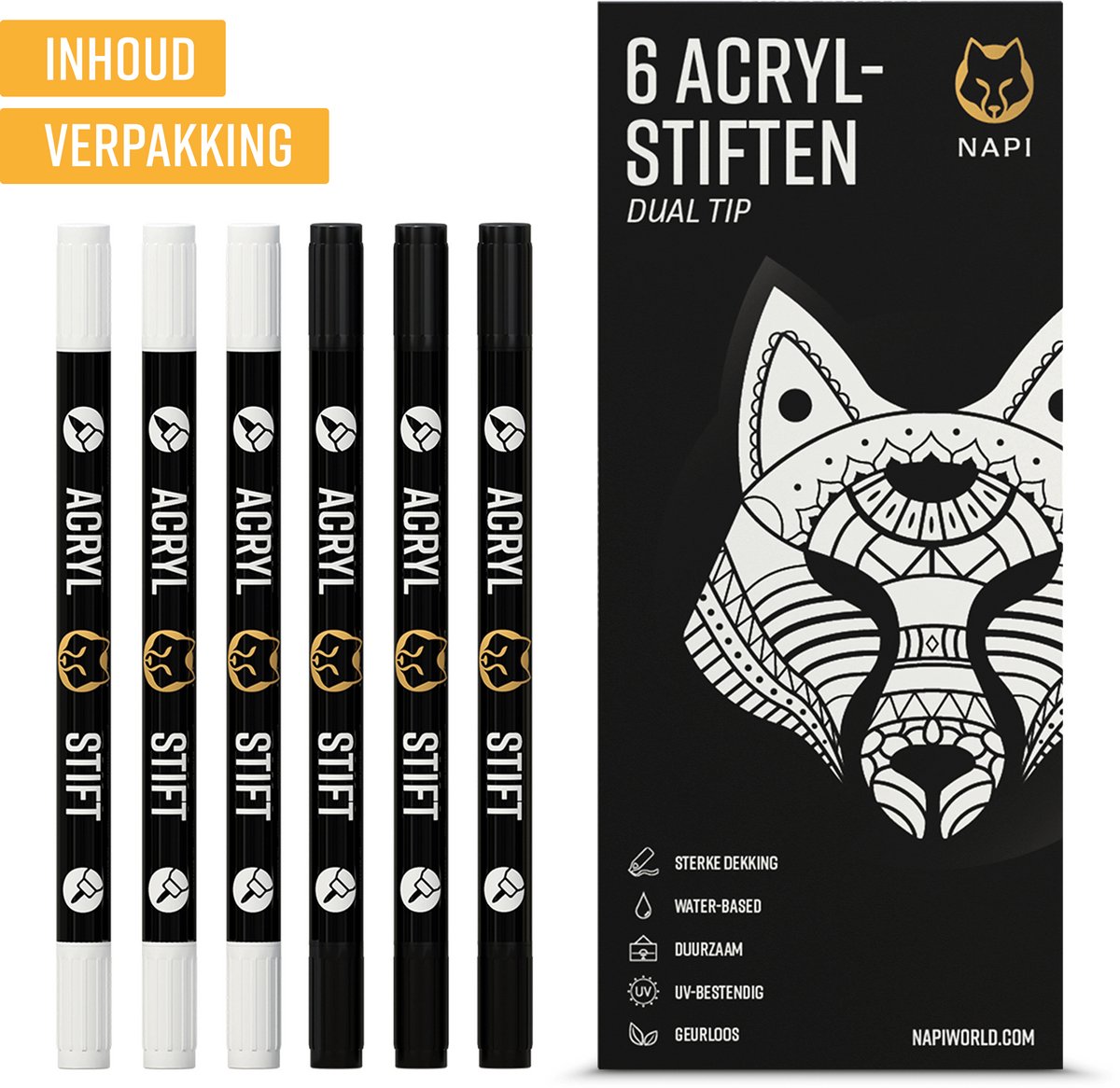 Napi Acrylstiften 6st Zwart/Wit - Brush en Fine Tip Twinmarkers - Verfstiften Happy Stones - Stenen Schilderen met Acryl Verf Marker Stiften - Volwassenen en Kinderen — afbeelding 8