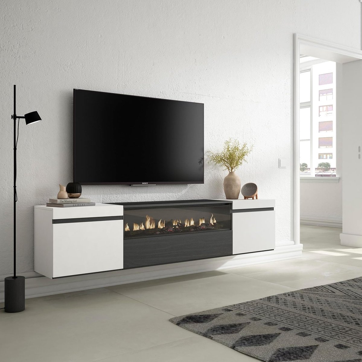TV-meubel met elektrische haard – Urbanhome NovaFlame Slim – 200 cm – Hangend lowboard – Voor tv’s tot 80 inch – Modern design – Zwart en wit – 3D LED vlammen