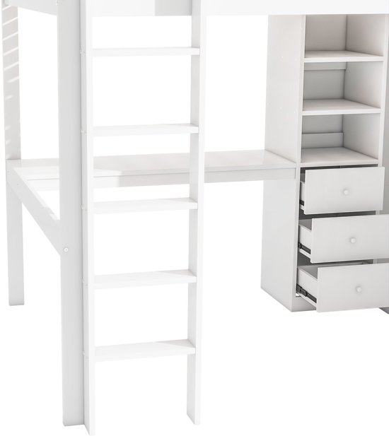 Lit mezzanine Merax 140x200 cm - avec bureau - armoire - 3 tiroirs - escalier - lit en bois avec espace de rangement - lit enfant avec bureau - Wit - sans Matras