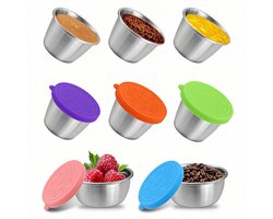QTTVBTNA Set van 6 Mini RVS Snackbakjes – 40 ml – Lekvrij met Siliconen Deksels in 6 Kleuren – Herbruikbaar, Duurzaam en Ideaal voor Sauzen en Snacks
