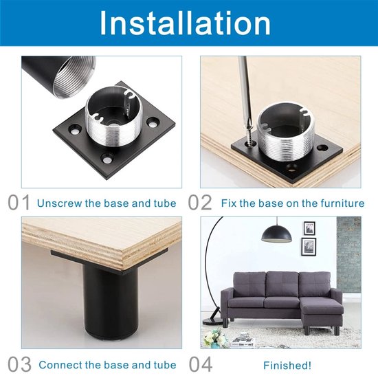 Installatiegids voor meubelpoten: schroef de basis los, bevestig op meubel, verbind poot, klaar.