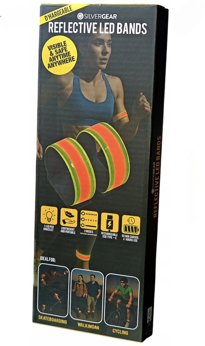 LED Reflecterende Armbanden – Oplaadbaar via USB-C – Veiligheidsbanden voor Hardlopen, Fietsen en Wandelen – Lichtgewicht en Comfortabel – Set van 2