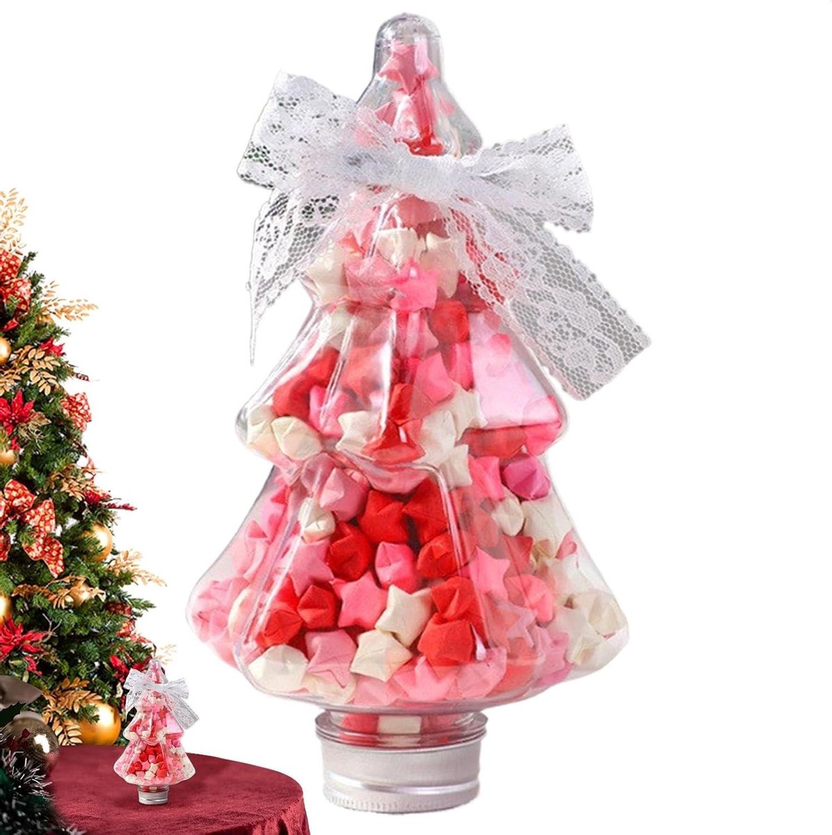 Groen gloeiende papieren kerstboomsterdecoratie met gradiëntkleuren en kerstthema voor desktopsfeer.