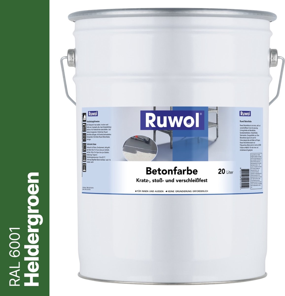 Ruwol Betonverf Heldergroen (RAL 6001) 20 liter - Voor binnen en buiten - Alle kleuren - Kras-, stoot- en slijtvaste verf voor beton en steen - Betonverf voor buiten