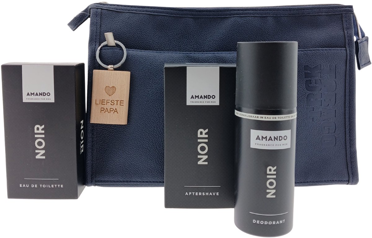 Amando Noir Heren Cadeauset – Eau de Toilette, Aftershave & Deospray met Toilettas & Sleutelhanger “Liefste Papa” – Cadeau voor Mannen