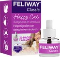 Feliway Classic Happy Cat verpakking met een verdamper en flesje. Een vrouw knuffelt een kat. Opdruk: "30 Dagen Flacon 48 ml".
