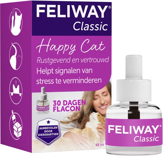 Feliway Classic Happy Cat verpakking met een verdamper en flesje. Een vrouw knuffelt een kat. Opdruk: "30 Dagen Flacon 48 ml".