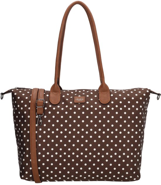 Charm London Buckingham Schoudertas 15,6 inch - Shopper - Laptoptas - Werktas - A4 - Praktisch - Dames Tas - Stippen - Dots - Donker Bruin
