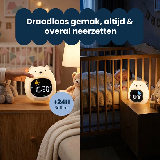 Twee afbeeldingen: links, een hand houdt een witte berenwekker vast; rechts, een gloeiende witte berenwekker staat naast een slapend kind.