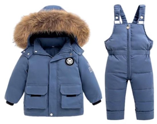 Blauw winterpak met bontkraag en overslagbroek.