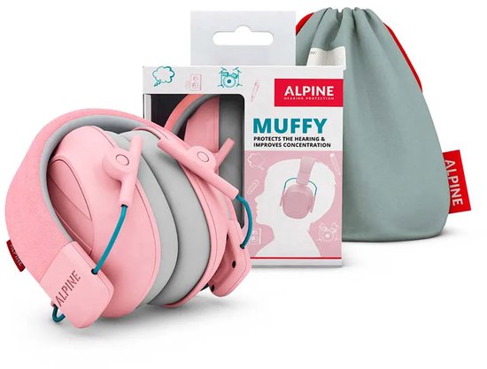 Roze Alpine Muffy gehoorbescherming voor kinderen, met zachtroze hoofdband, grijze oorkappen, verpakking en opbergzak.