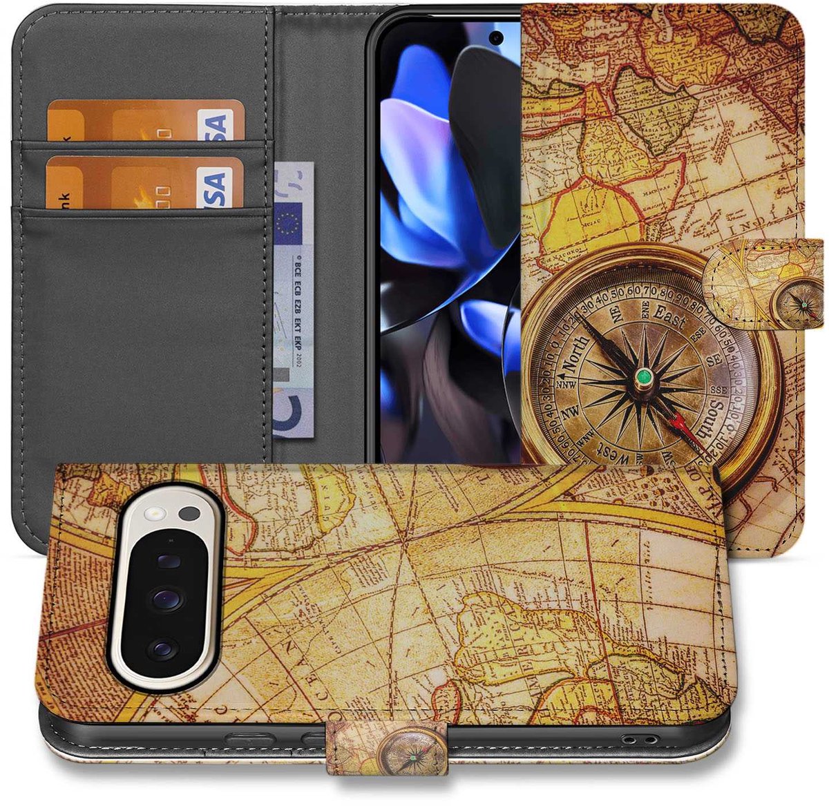 Book Case Google Pixel 10 Pro XL Kompas Design Cadeau Geel Oranje