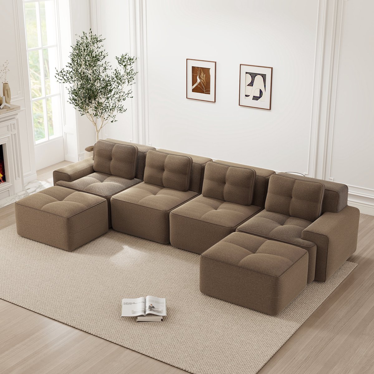 REDOM Modulaire 4-zits U-vormige hoekbank van corduroy met chaise longue – Loungebank & slaapbank met diepe zit 74 cm – Montagevrij met antislip – Comfortabele sofa voor woonkamer – Bruin – 382x177x69 cm