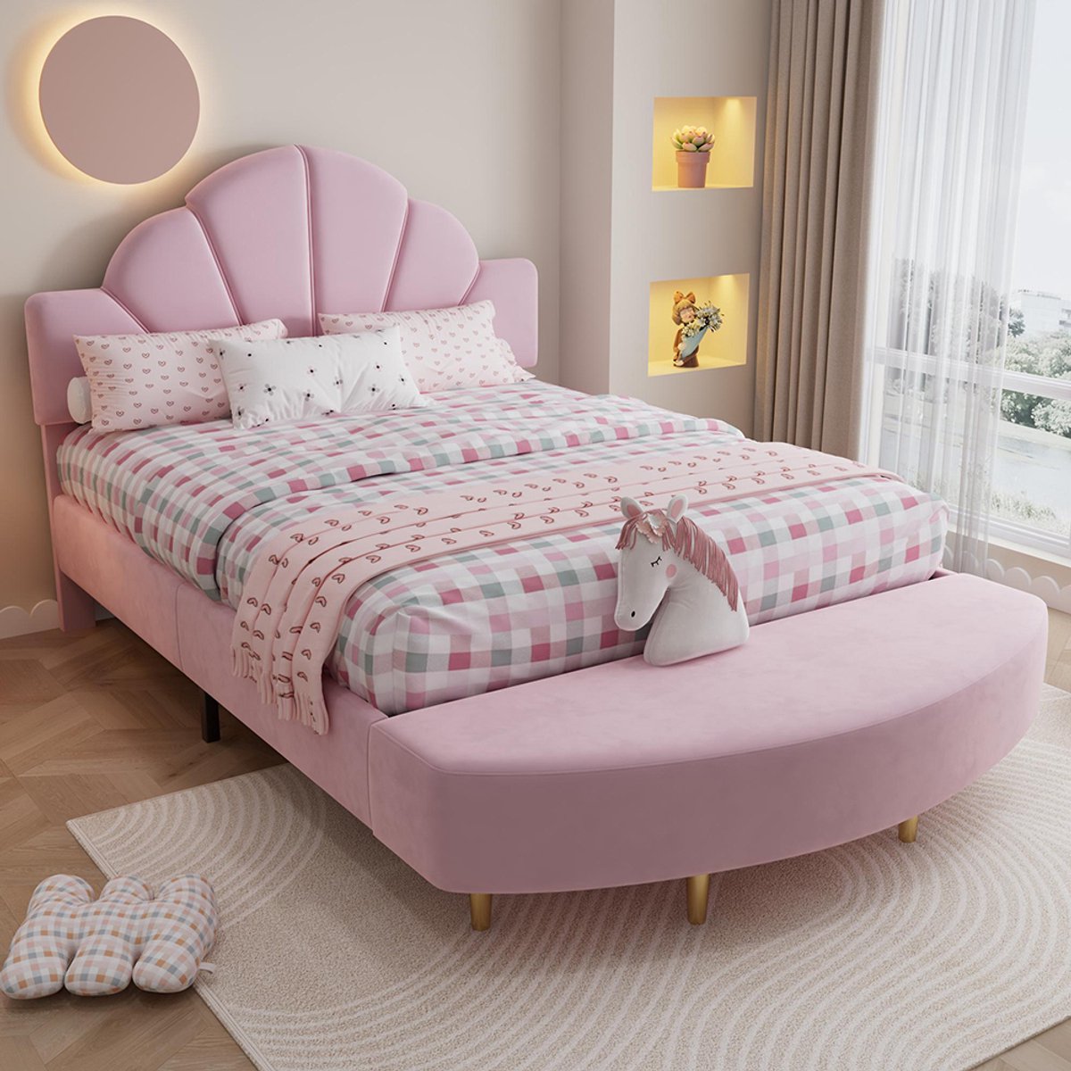 BLACKCOLORS Gestoffeerd bed, fluwelen hoofdeinde, met een bedbank in dezelfde kleur, zachte schokbestendige schuimrubberen randen, stabiel bedframe, fluweel + multiplex, roze, 140 x 200 cm