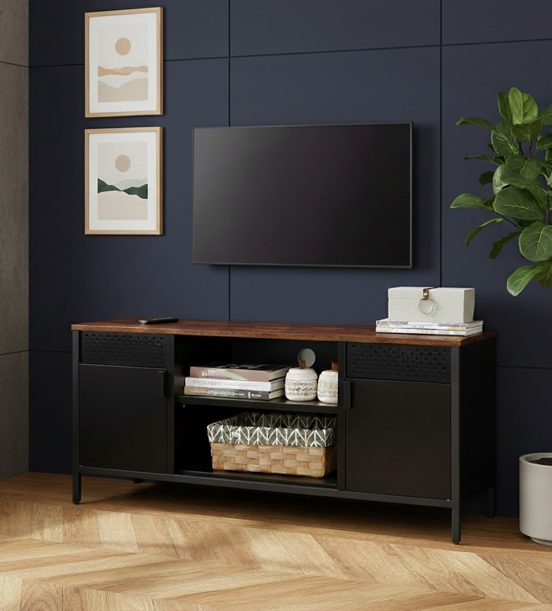 Vintage TV-meubel voor Televisie tot 55 inch | Lowboard met 2 Deuren, 3 Verstelbare Planke