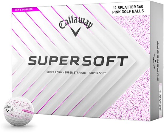 Doos met 12 Callaway SuperSoft golfballen met roze spetters, "NEW & IMPROVED" en "SUPER LONG, SUPER STRAIGHT, SUPER SOFT".