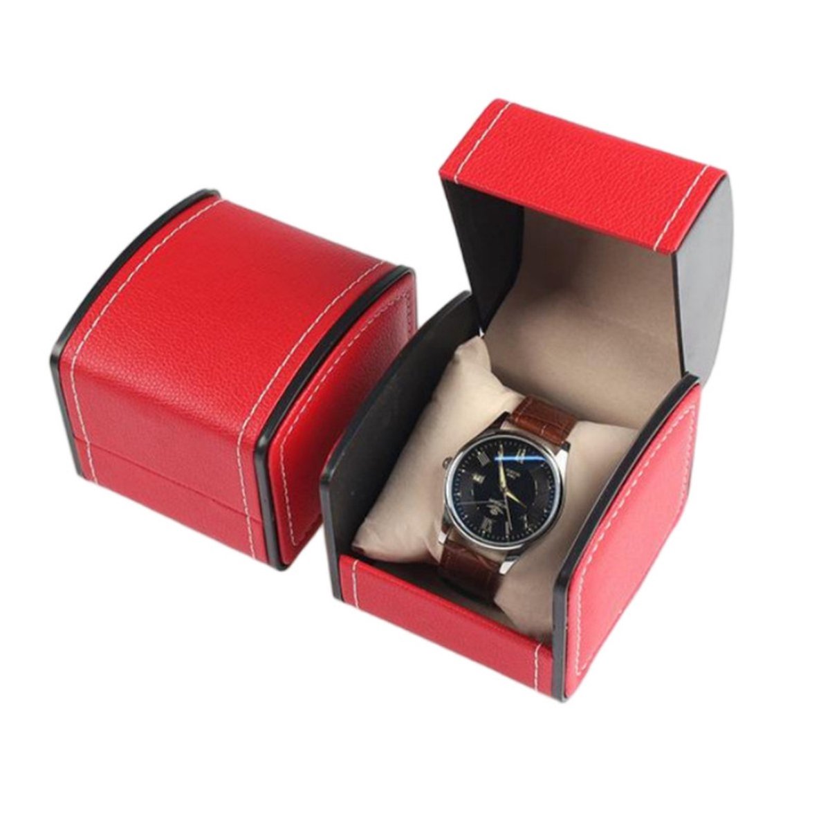 Draagbare horlogedoos - 10*9*8 cm - Opbergdoos voor één horloge - PU-materiaal - Schokbestendig - Horlogeverpakking - Horlogedisplay - Draagbare horlogeorganizer - Geschikt voor het opbergen van armbanden, horloges en sieraden.