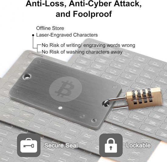 Veilige Crypto Seed Phrase Opslag - Roestvrij Stalen Back-up voor Bitcoin Portemonnees - 3 Platen voor 24 Woorden - Compatibel met BIP39 Hardware Portefeuilles — afbeelding 5