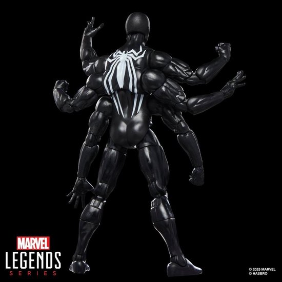 Marvel Legends Dark Avengers Spider-Man actiefiguur, achterkant, met wit spinnenlogo en zes extra armen.