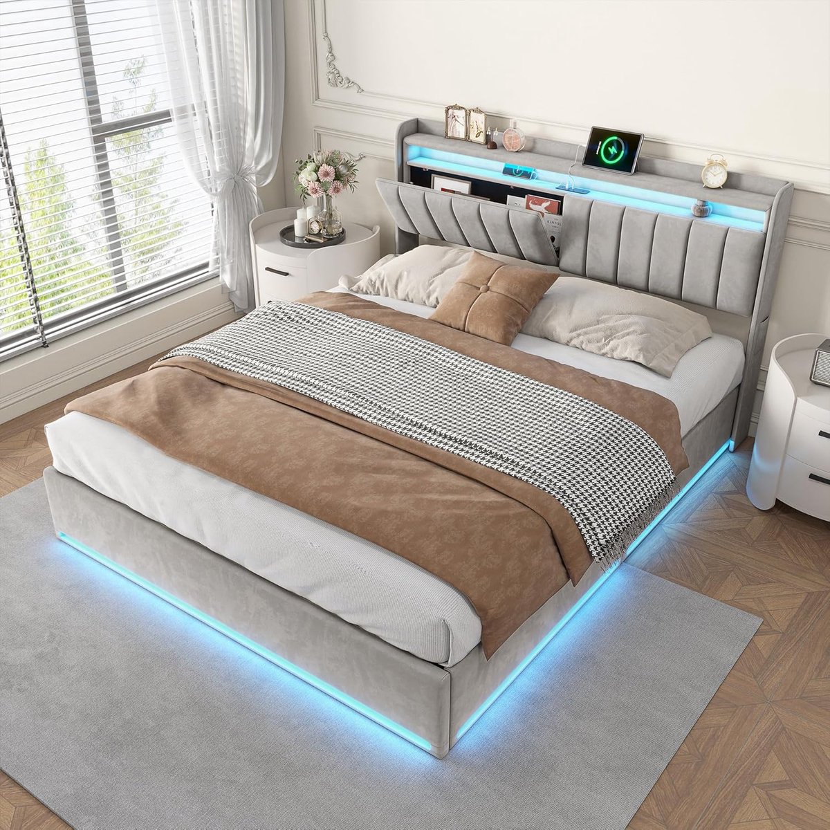 ROSAHQNDA Modern opbergbed 140 x 200 cm LED gestoffeerd bed met opbergbox Hydraulisch tweepersoonsbed met opbergruimte gestoffeerd bed voor volwassenen en tieners (grijs + fluweel, 140 x 200 cm)