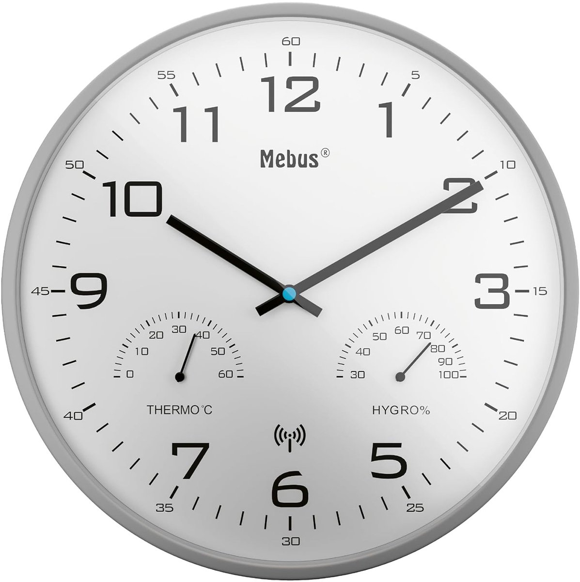 Tijdsein gestuurd wandklok met thermometer / hygrometer, zilverkleurig/ grijs