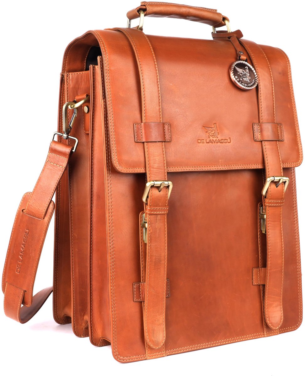 DE LAMASSU® (Adrian) leren Tot 17 inch laptoptas – 2-in-1 rugzak & schoudertas Cognac