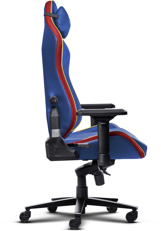 Zijprofiel van een blauw met rode en gele accenten, Superman gaming stoel met neksteun en verstelbare armleuningen.