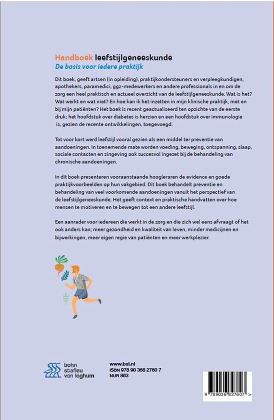Achterkant boek met tekst over 'Handboek leefstijlgeneeskunde' en een illustratie van een man die rent. ISBN en website vermeld.
