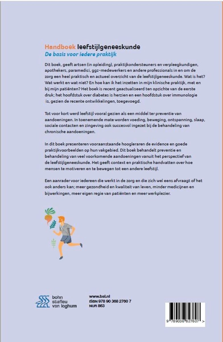 Achterkant boek met tekst over 'Handboek leefstijlgeneeskunde' en een illustratie van een man die rent. ISBN en website vermeld.