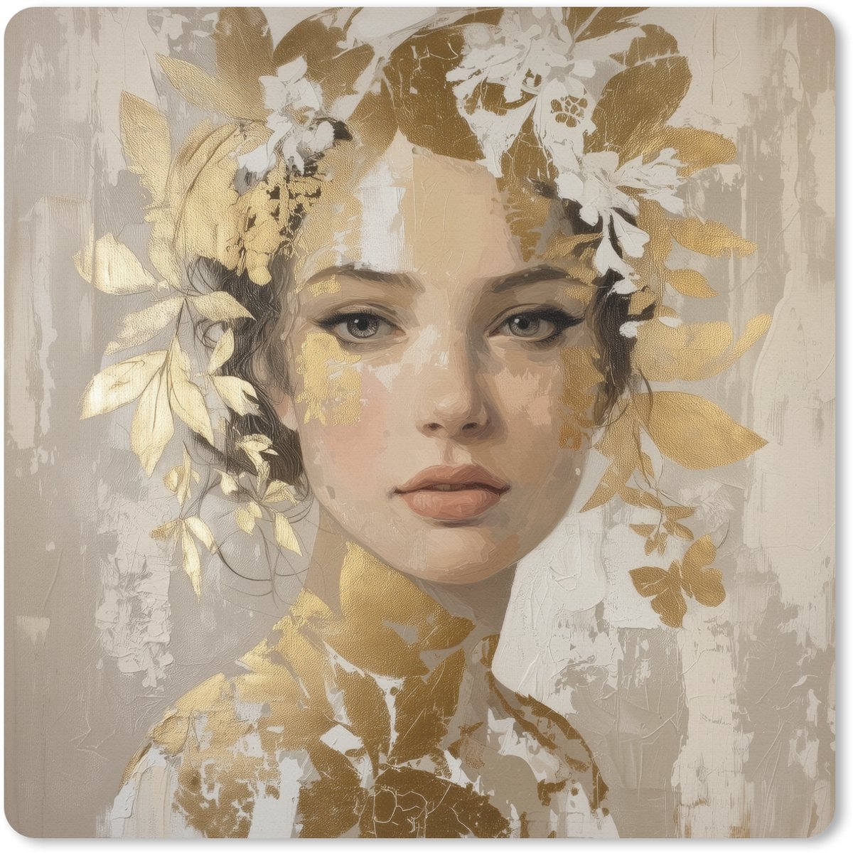 Muismat 20x20 cm - Mousepad Gezicht - Vrouw - Bladeren - Goud - Muismatten