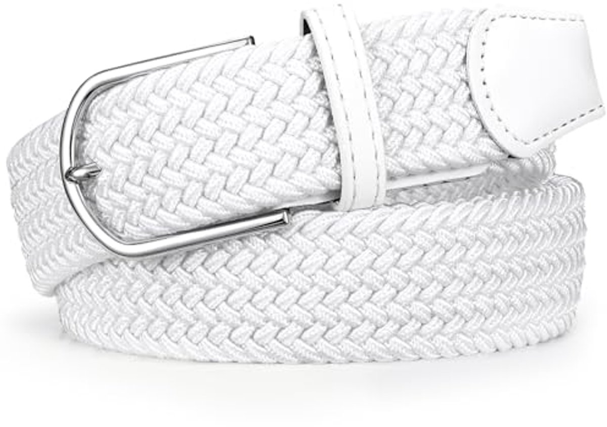 Gevlochten riem - Elastisch/rekbaar - Broekriem - Stretchy belt - Imitatieleer - 105/120cm - Wit - Kledingaccessoire - Jonyx