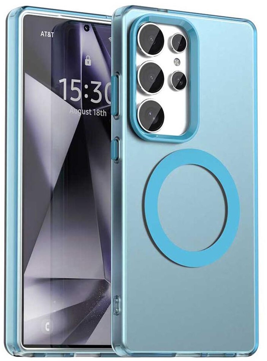 MagSafe Compatibel Backcover Hoesje Geschikt voor Samsung Galaxy S25 Ultra - Blauw & Semi-Transparant Design - Stijlvol & Goede Bescherming