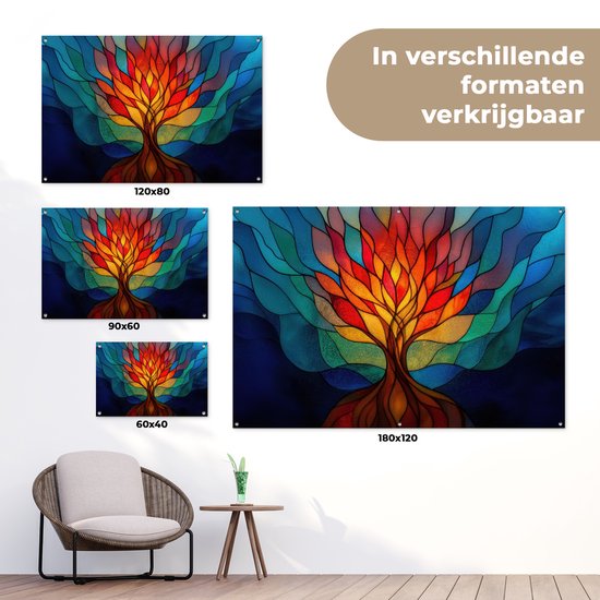 Tuinposter 120x80 cm - Tuindecoratie Sierglas - Boom - Rood - Vlakken - Poster voor in de tuin - Buiten decoratie - Schutting tuinschilderij - Tuindoek muurdecoratie - Wanddecoratie balkondoek