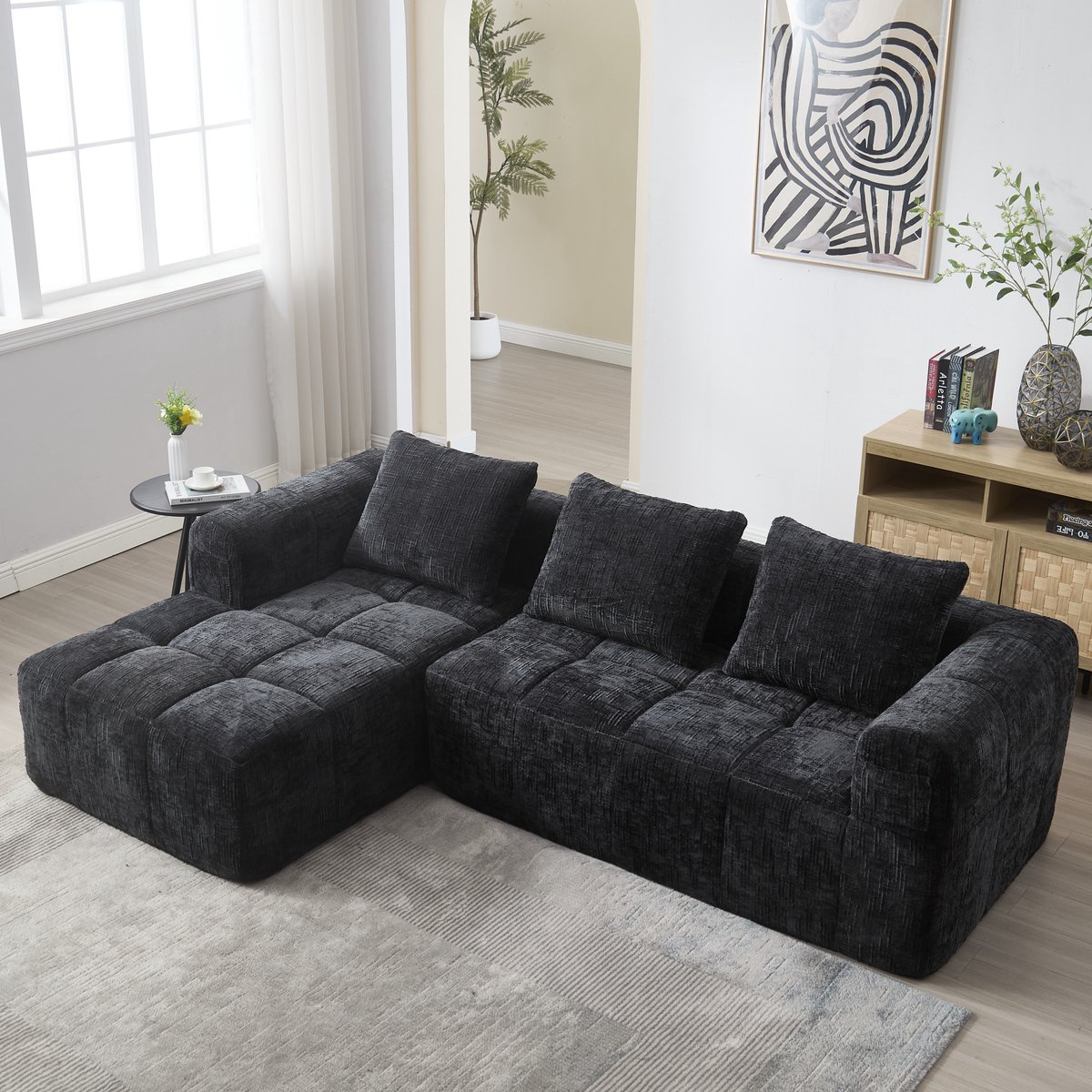 KOMHTOM BLACKCOLORS Moderne modulaire bank, L-bank, 3-zitsbank, geen montage nodig, chenille bank met chaise longue en armleuningen, 3 kussens, zijvak voor afstandsbediening, zwart