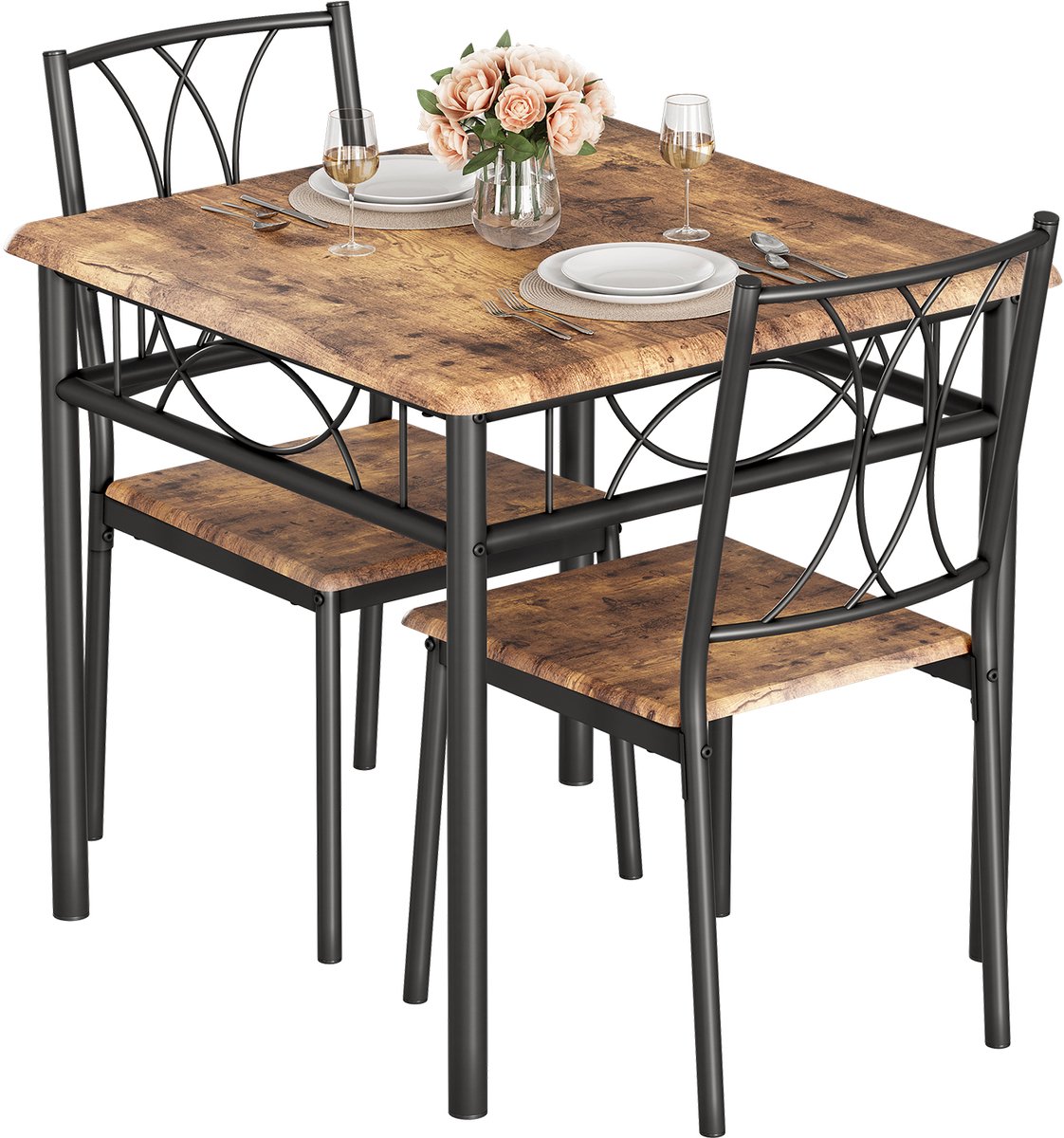 Eettafel set met 2 Stoelen - Eetkamer tafel met eetkamerstoelen - Balkonset - Zitgroep - 2 Personen - Hout - bruin