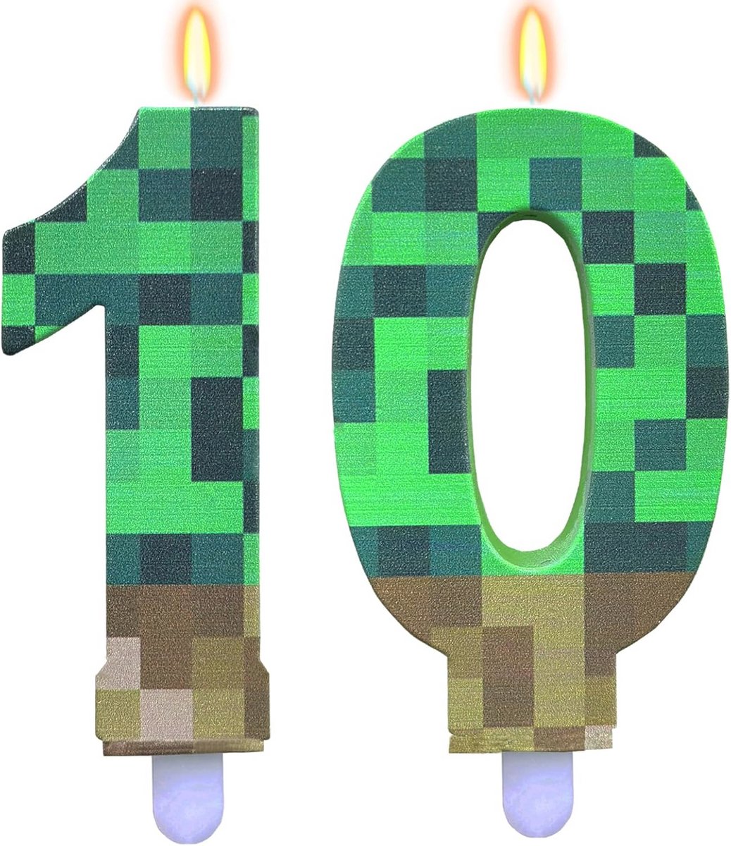 Pixel Kaarsen voor 10e Verjaardag - Creatieve Decoratie voor Taart