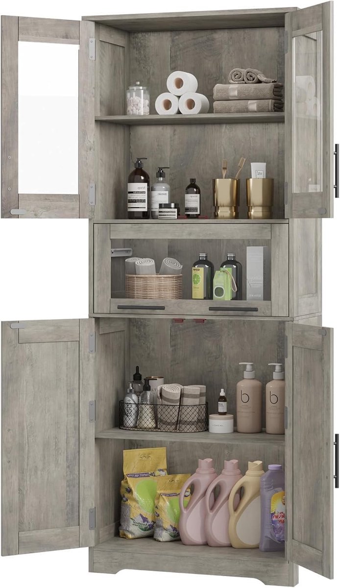 Badkamerkast 170 cm – 4 deuren, 1 lade, verstelbare legplanken, glasfronten – 60 x 30 x 170 cm – Grijs