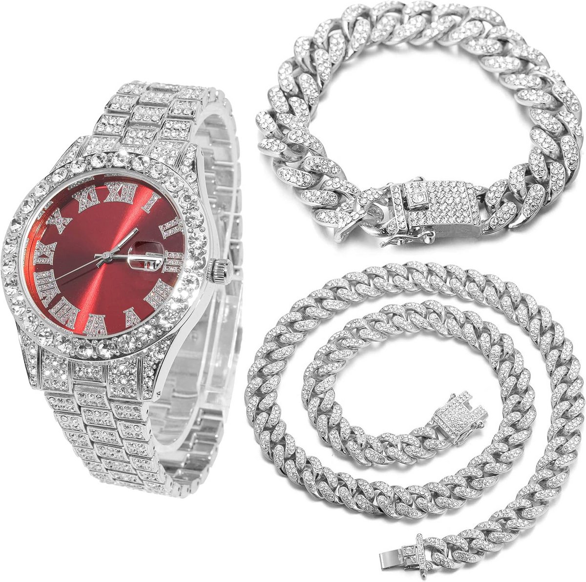 Gouden Diamant Horloge voor Heren met Cubaanse Schakelketting - 18K Echte Verguld