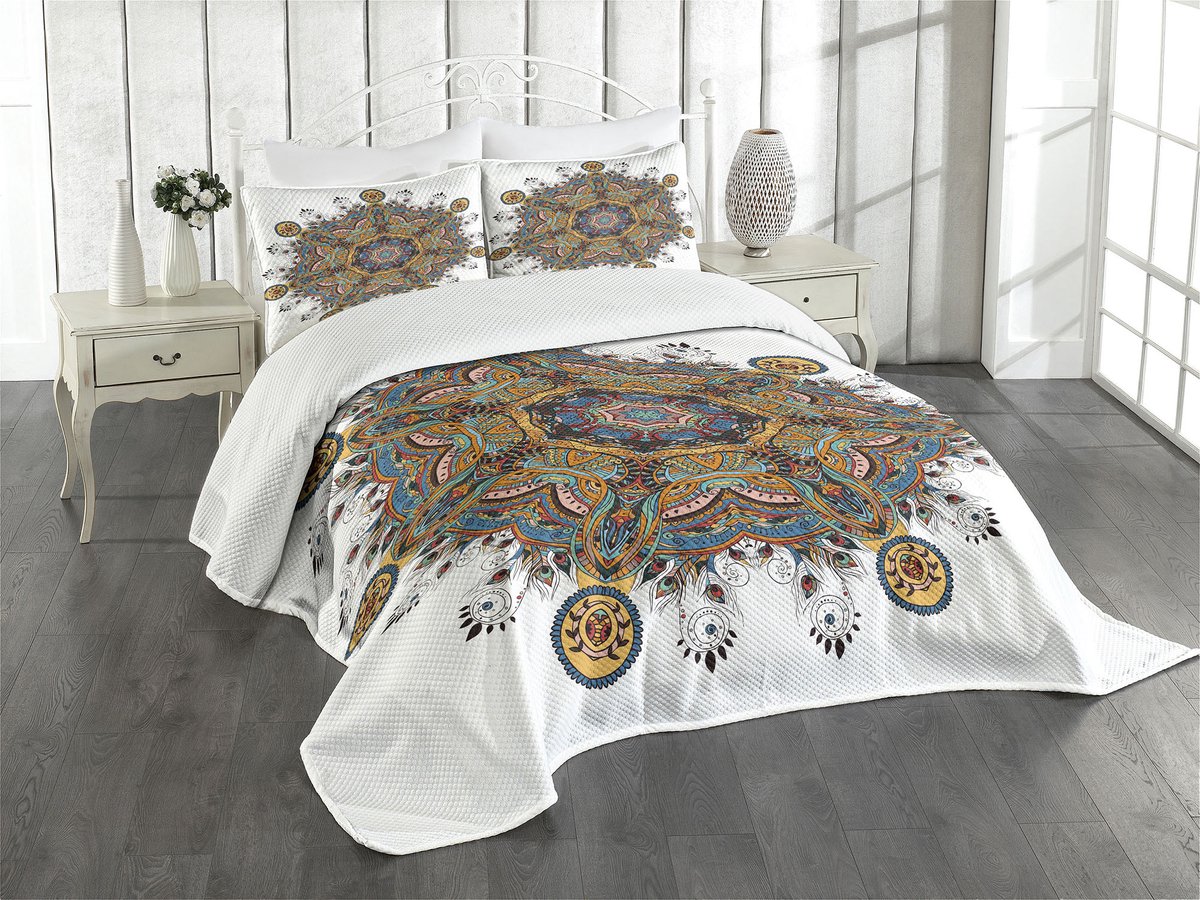 ABAKUHAUS Mandala bedsprei-set – 3-delig Boho Tribal Paisley, 264x220 cm, 2 kussenhoezen, veelkleurig