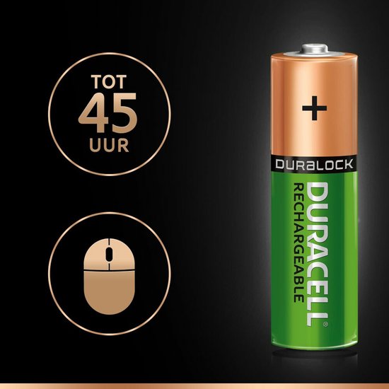 Duracell oplaadbare AA batterij met pictogrammen voor 45 uur gebruik en muis