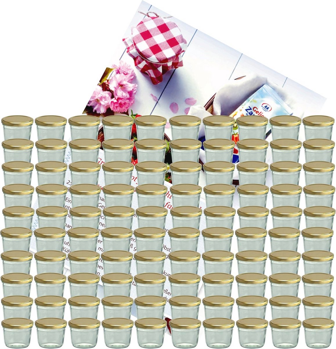 Set van 100 Inmaakpotten 230 ml met Gouden Deksels en Receptenboekje