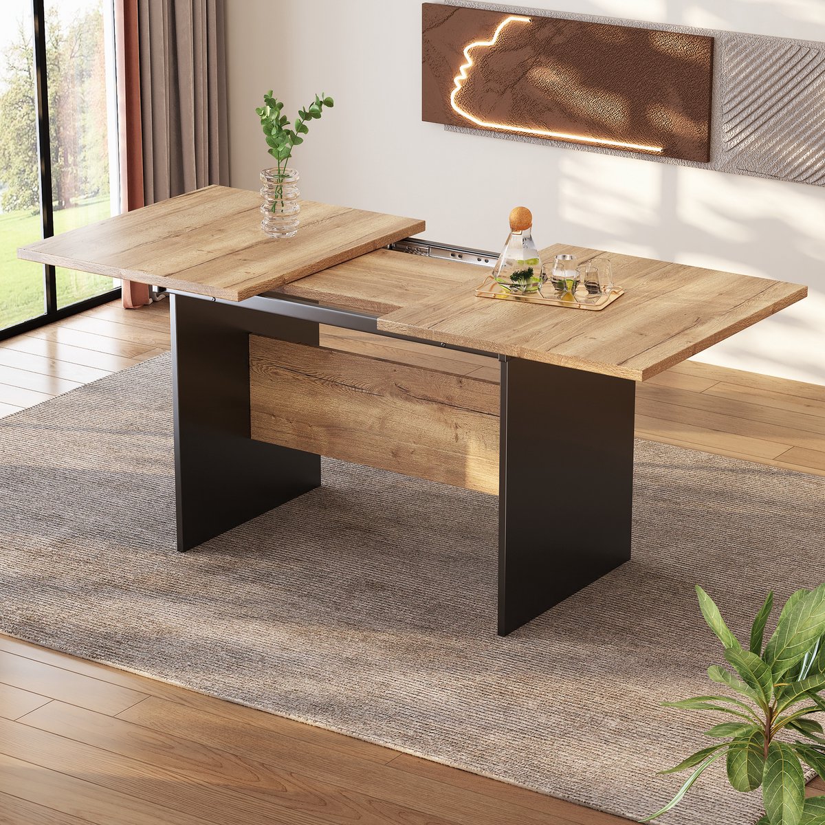 Wishdor Uitschuifbare Eettafel - 140-180x80 cm - Houtlook met Zwart - Uitschuifbaar tot 6