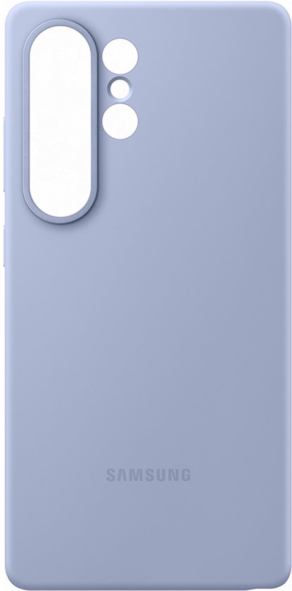 Lichtblauwe Samsung siliconen hoes met grote ovale uitsparing voor cameralens.