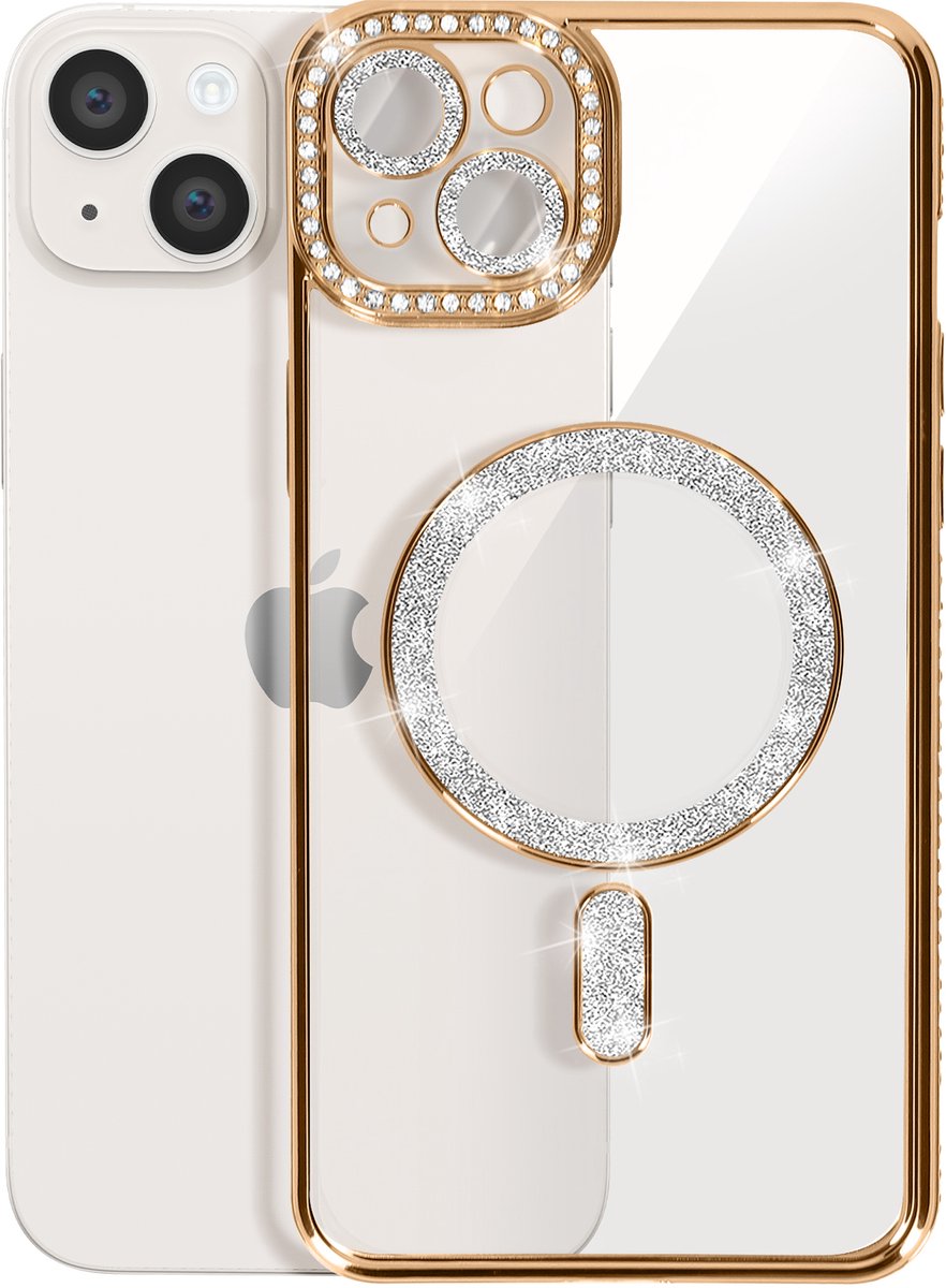 Avizar Diamond hoesje Geschikt voor Apple iPhone 14 Plus MagSafe Omtrek Strass, Goud
